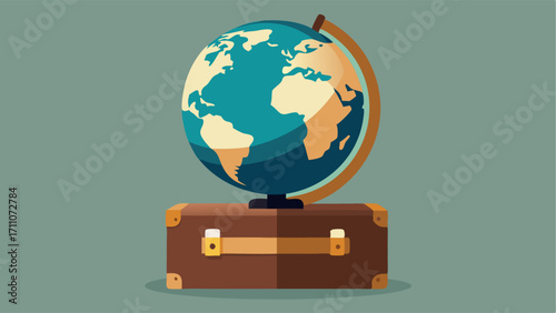 An antique globe sitting on a vintage steamer trunk