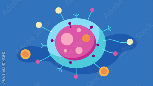 Cell Interaction A detailed illustration of a fibroblast cell with tiny nanobots interacting with it visually representing the increase in collagen production as a result of the