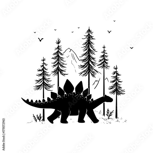 Stegosaurus. Stegosaurus simple black and white line art vector logo
