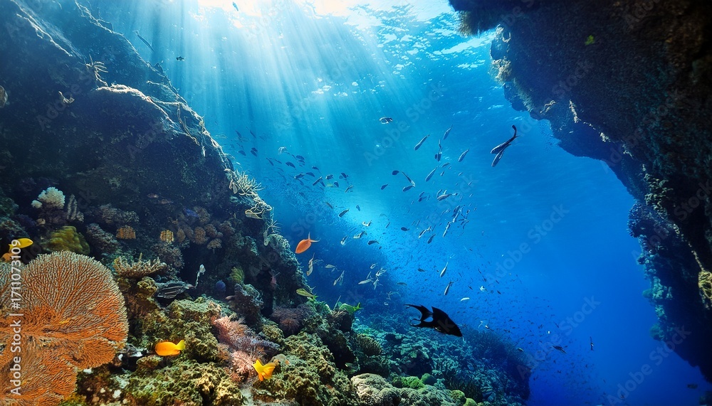 Fototapeta premium sunlit coral reef with colorful fish in cave