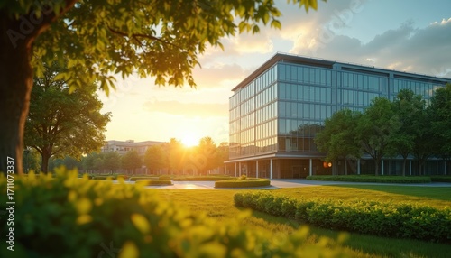 Exterior view of modern building with glass facade at sunset. Eco design building with green spaces. Landscaping with green grass and trees around modern architecture. Office in green area.