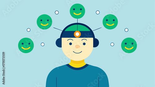 Feedback Loop An illustration showing a person receiving feedback from the EEG device through visual signals with positive reinforcement such as green lights or happy faces that