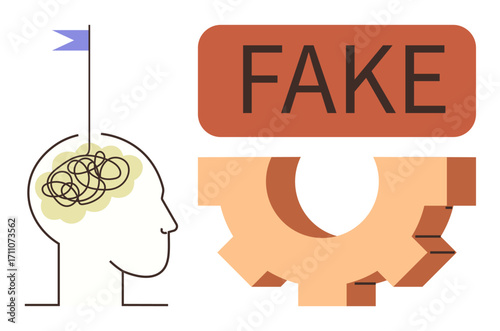 Human head with brain tangled into lines next to large gear and fake typography, representing confusion, misinformation, and critical thinking. Ideal for psychology, education, science