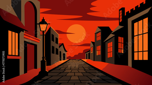 Black vector silhouette of a spooky old castle building with a dark tree on a haunted urban street under a night sky