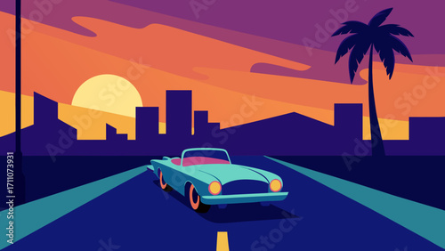 A sunny summer landscape cartoon vector illustration of a road leading into a city with a taxi and other automobiles driving on the street