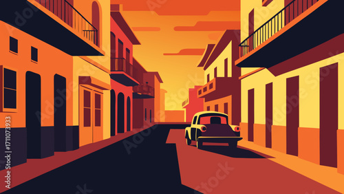 Historic old European city street view with narrow cobblestone road, ancient architecture, and urban buildings at night