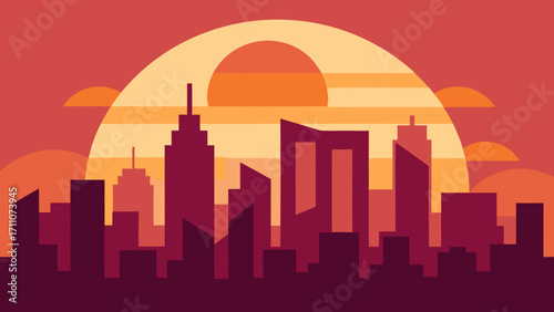Vector silhouette illustration of the London city skyline and architecture at sunset