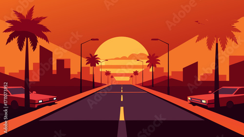 An epic sunset casts a vibrant light across the city sky as cars blur with motion on the highway road