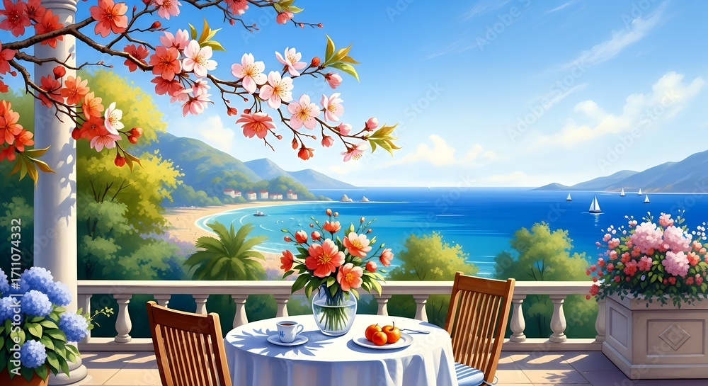 Obraz premium A Coastal Serenity: A European Breakfast Overlooking a Blooming Ocean