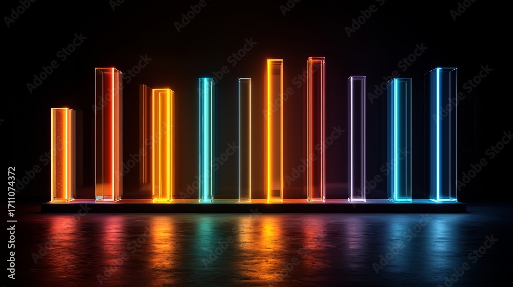 Obraz premium Series of colorful, neon-lit columns are arranged in a row. The columns are of different heights and colors, creating a visually striking and dynamic scene. Scene is energetic and vibrant