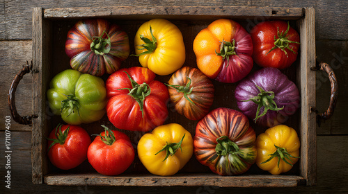 Colorful Heirloom Tomatoes in Wooden Tray
