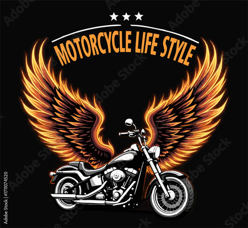 Vector t-shirt design with biker motorcycle, wings
 on black background. Fashionable print for fabric, men clothing, hoodie, biker jacket. T shirt template with lettering Motorcycle life style.