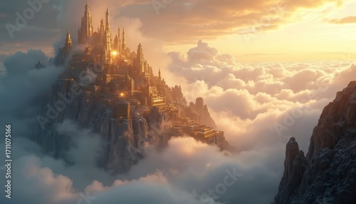 Fototapeta Naklejka Na Ścianę i Meble -  Golden city built on mountain peak above clouds. Majestic architecture with towers and domes bathed in sunset light. Heavenly metropolis glows under golden hour sky.