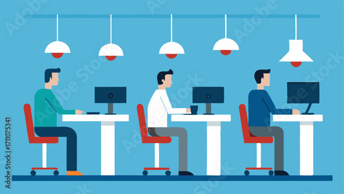 Adjustable Desks A side view illustration of an ergonomic office space showing several adjustable desks at different heights with employees of varying heights comfortably working.