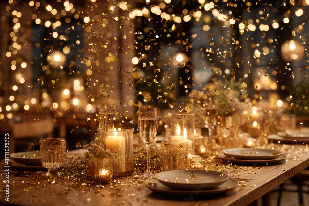 Fototapeta premium Elegant celebration table setting adorned with golden confetti and soft candlelight ambiance, creating a festive mood for a special occasion gathering with champagne.