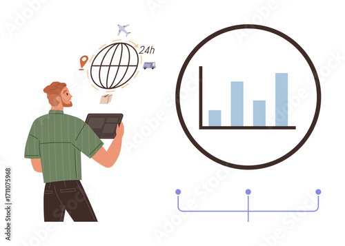 Man with tablet observes global logistics icons, bar graph, plane, truck, globe. Ideal for business, data analysis, logistics global trade technology efficiency transportation. Simple flat