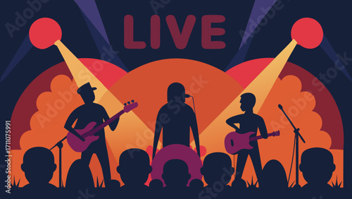 Vector silhouette illustration of people dancing at a grunge rock music concert poster with a woman playing a guitar