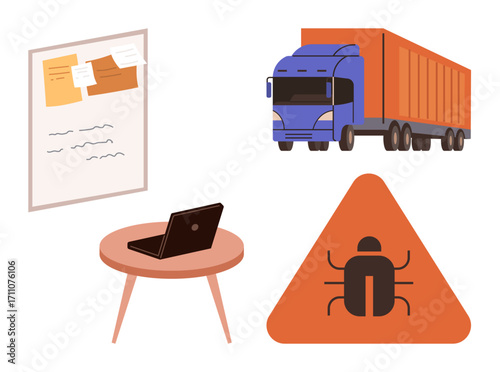 Truck for delivery, desk with laptop, notice board with tasks, and triangular bug alert highlight transport, planning, technology, risks, communication and efficiency themes. Ideal for logistics