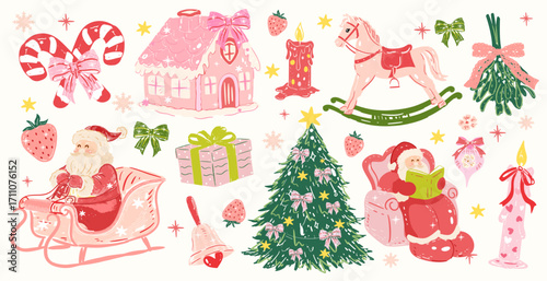 Pink Christmas,Hand drawn Hand drawn Christmas Candy ,Aesthetic Christmas , Cute Christmas Cookie, Mrs. Santa Claus, Cookie, Gingerbread ,Coquette pudding, Coquette Pink Bow,Vintage Holiday, Whimsical