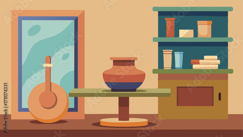 A pottery wheel in the corner of the room with a students finished ceramic vase sitting on a nearby shelf.