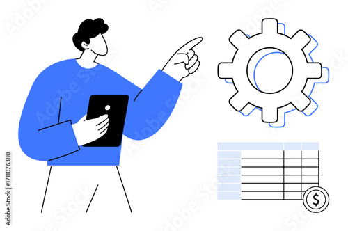 Professional holding a tablet pointing at a large gear symbol next to a spreadsheet with dollar sign. Ideal for teamwork, finance, technology, automation, management, decision-making, optimization