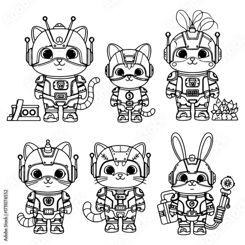 Cute Cats and Bunny in Futuristic Robot Suits Coloring Page Vector Illustration