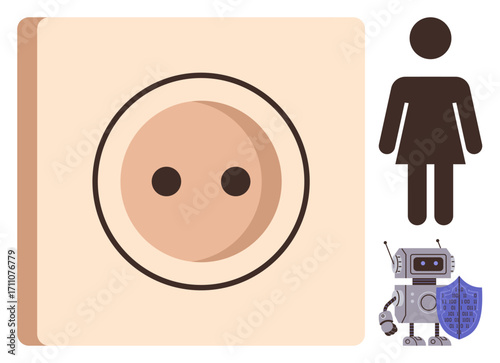 Camera lens icon, woman figure, robot with shield symbolizing security, privacy, and AI protection. Ideal for AI technology, privacy, digital security, identity surveillance innovation and tech
