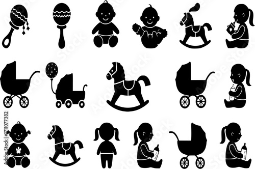 Collection of black silhouette icons representing childhood and infancy including a baby rattle a rocking horse a baby carriage and a young girl feeding a baby bottle on a white background