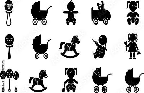 Collection of black silhouette icons representing childhood and infancy including a baby rattle a rocking horse a baby carriage and a young girl feeding a baby bottle on a white background