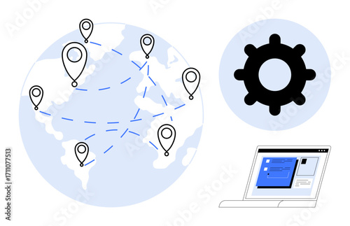 Map with pinpoint markers linked by dotted lines shows connectivity. Black gear and laptop depict innovation, operations, and data management. Ideal for globalization, teamwork, logistics, planning
