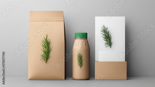 Minimalistic packaging design featuring a bottle and bags with a green leaf motif, suitable for sustainable product branding, eco-friendly marketing, or natural food and beverage promotions,