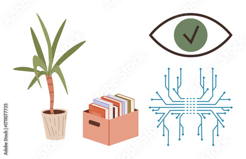 Potted plant, container with stacked books, eye graphic with checkmark, and a digital circuit design. Ideal for education, innovation, reading, sustainability, decision-making technology simple