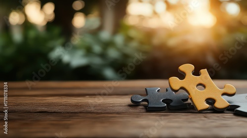 A close-up view of two puzzle pieces on a wooden table with a blurred green background, perfect for concepts related to problem-solving, teamwork, or connecting ideas,