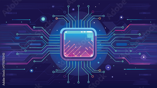 Futuristic Digital Circuit Board with Glowing Technology Chip and Abstract Cyber Network Design Background