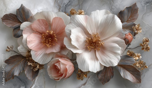A delicate arrangement of textured flowers in soft pinks and creams, set against a backdrop of grey marble.
