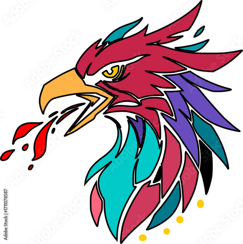 Stylized phoenix head with vibrant colors and expressive art style, breathing fire.