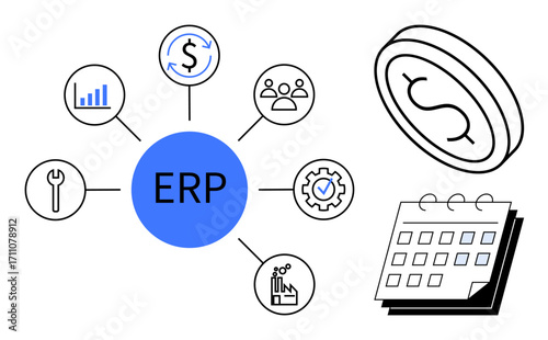 ERP hub with connected icons for finance, tools, people, analytics, gear, and data integration beside a calendar and coin. Ideal for workflow, business planning, operations finance optimization