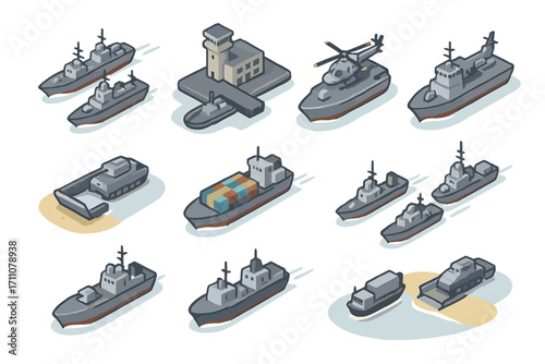 Military vehicles flat icon set. featuring battleship, helicopter, aircraft carrier, and submarine symbols