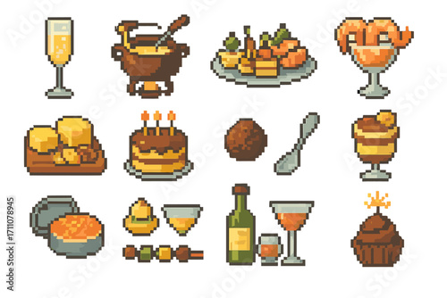 Gourmet essentials pixel icon set. featuring fondue, cheese, champagne, cake, parfait, and more