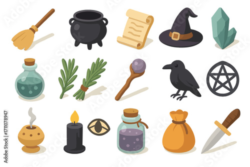 Magic and witchcraft flat icon set. featuring broom, cauldron, scroll, hat, crystal, potion, herbs, and more