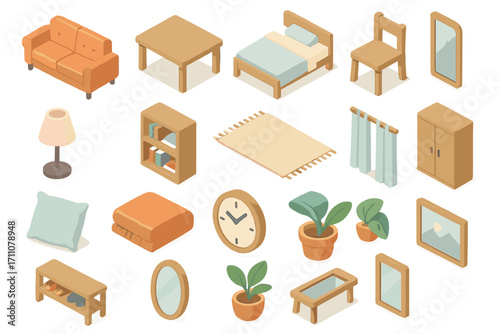 Home furniture isometric icon set. featuring sofa, table, bed, chair, lamp, pillow, clock, and plant symbols