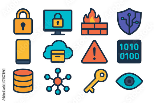 Cybersecurity flat icon set. featuring lock, firewall, shield, smartphone, cloud, warning, and key symbols