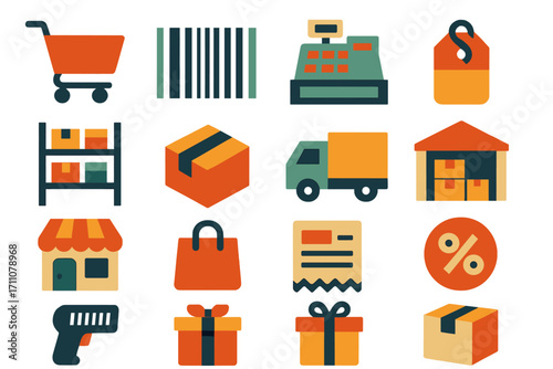E-commerce flat icon set. featuring cart, barcode, register, tag, shelf, box, truck, warehouse, store, and scanner symbols