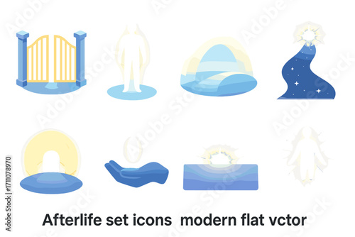 Afterlife flat icon set. featuring gateway, figure, rainbow, path, tunnel, hand, egg, light, spirit.