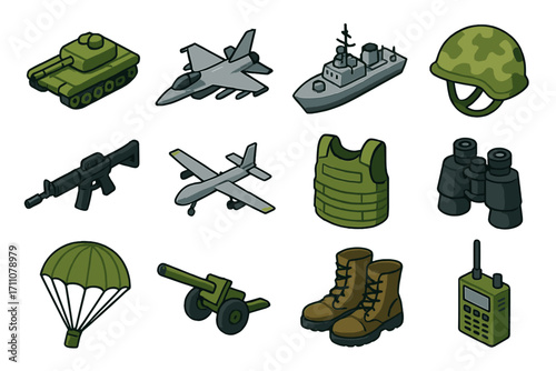 Military equipment flat icon set. featuring tank, fighter jet, battleship, helmet, rifle, drone, vest