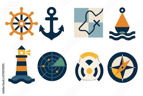 Nautical equipment silhouette icon set. featuring anchor, map, buoy, lighthouse, radar, signal, compass
