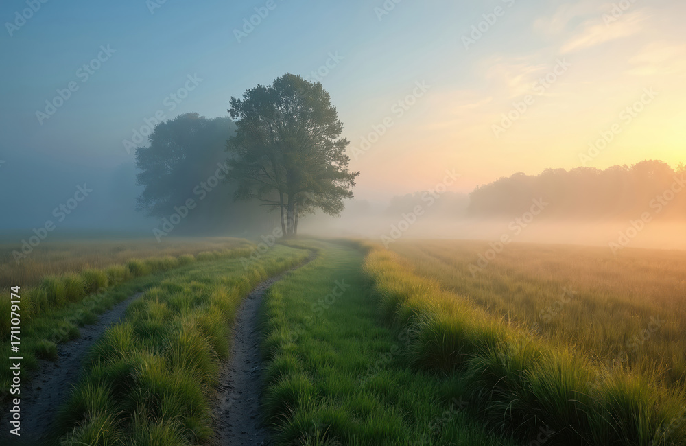 Obraz premium Morning mist blankets serene forest, open field. Winding dirt path cuts through vibrant green grass towards tall trees. Gentle sunrise light shines over foggy landscape. Blue hour cool tones blend