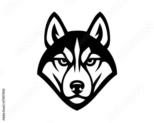 Husky Dog Head Vector – Symmetrical Black and White Line Art with Intense Expression