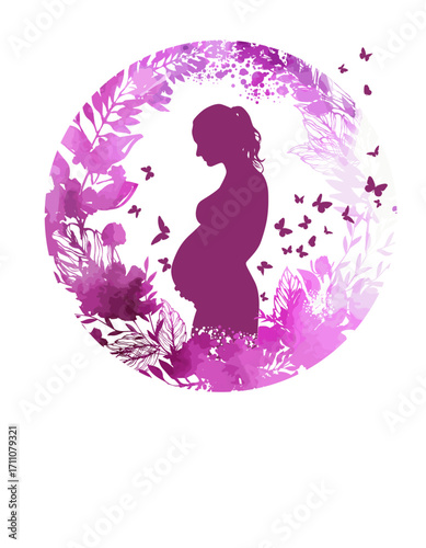 Silhouette of a pregnant woman with violet flowers abstract. Stock vector illustration. hand drawn. Not AI
