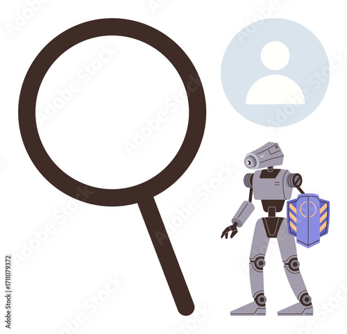 Robot holding shield beside magnifying glass and user profile icon emphasizes cybersecurity, digital privacy, user data protection, AI technology, safety, risk analysis, simple flat metaphor